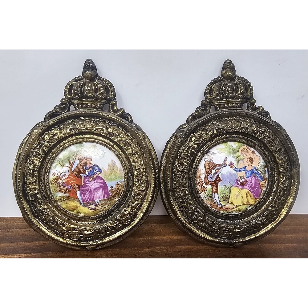 2 Antique Limoges Porcelain Signed Fragonard Courting Scene Victorian 4.25"